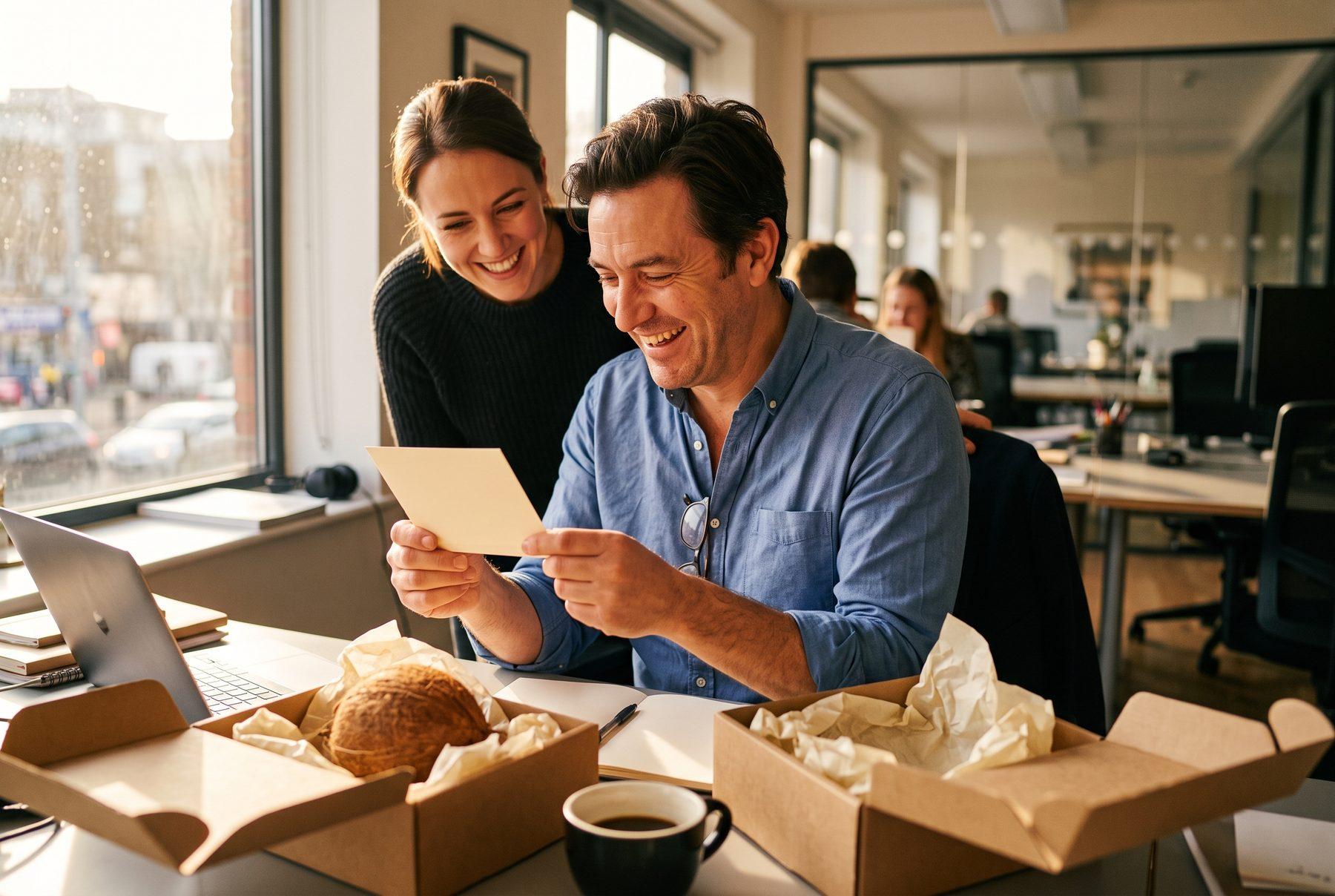 Two colleagues at an office desk in warm afternoon light. A man in a blue shirt holds a small cream card in both hands, laughing as he reads it, while a woman leaning over his shoulder smiles at it too. In front of them an open kraft postal box holds a whole coconut nested in tissue paper, beside a second open box, a notebook and a mug of coffee.