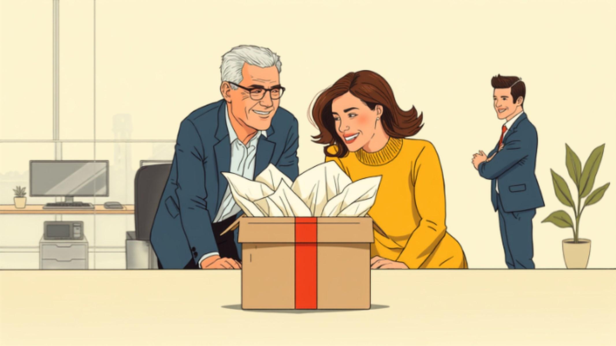 A full-colour office scene: someone at their desk opening a kraft parcel, tissue paper flying, colleagues leaning in to look.